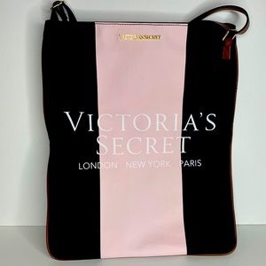 Victoria's Secret VS Black Pink Stripe Canvas Tote Messenger Crossbody Bag